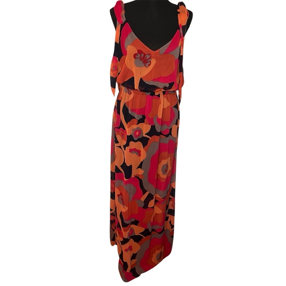 Judith March Floral Maxi Dress Multicolor Boho Chic Sz L Shoulder Tie Navy Orang